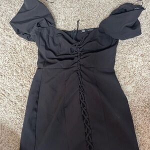 Zara Black Lace-Up Puff Sleeve mini Dress